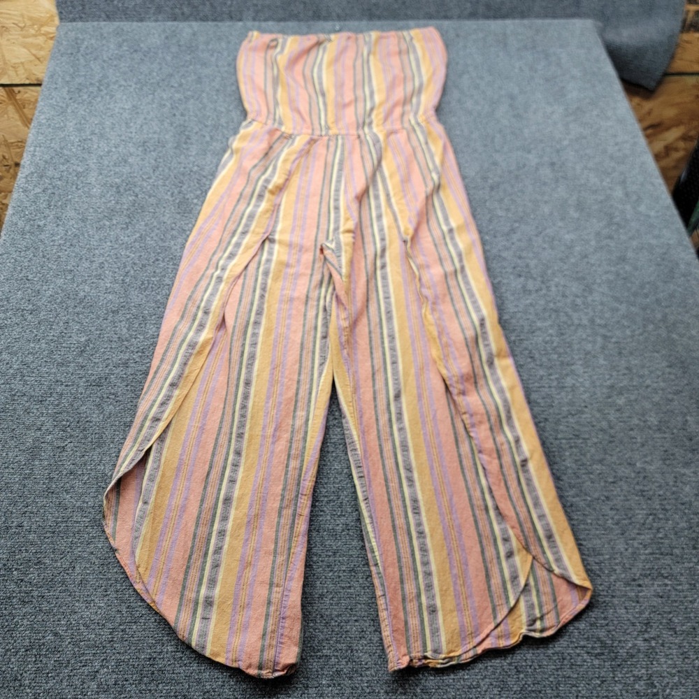 Drew Strapless Linen Blend Striped Wide Leg Jumpsuit Tulip Hem Orange Purple L